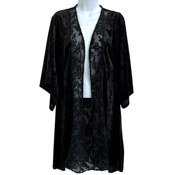 Knox Rose Black Floral Velvet Burnout Kimono M/L Sheer Duster Boho Goth Witchy - Picture 2 of 13
